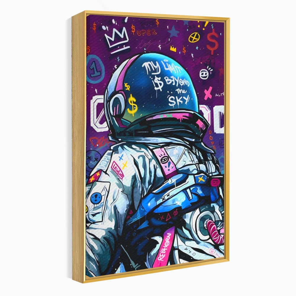 Tablou canvas cu tablou canvas cu astronaut graffiti, in rama de aluminiu auriu